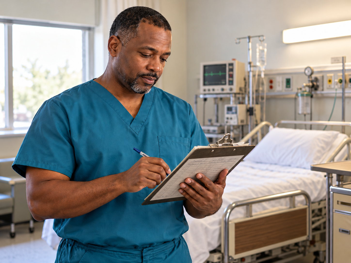 Illustrative scene of a Black male nurse in scrubs writing on a paper chart in a 1980s hospital