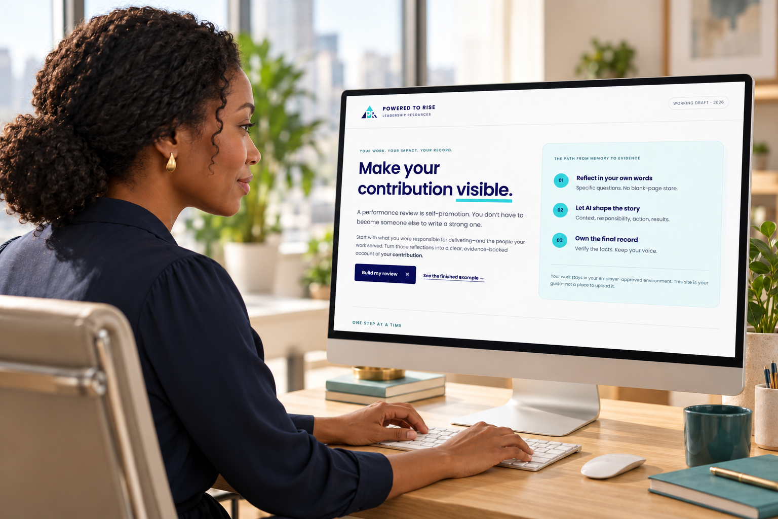 AI-generated illustration of a Black woman preparing her performance review at a desk in a modern office.