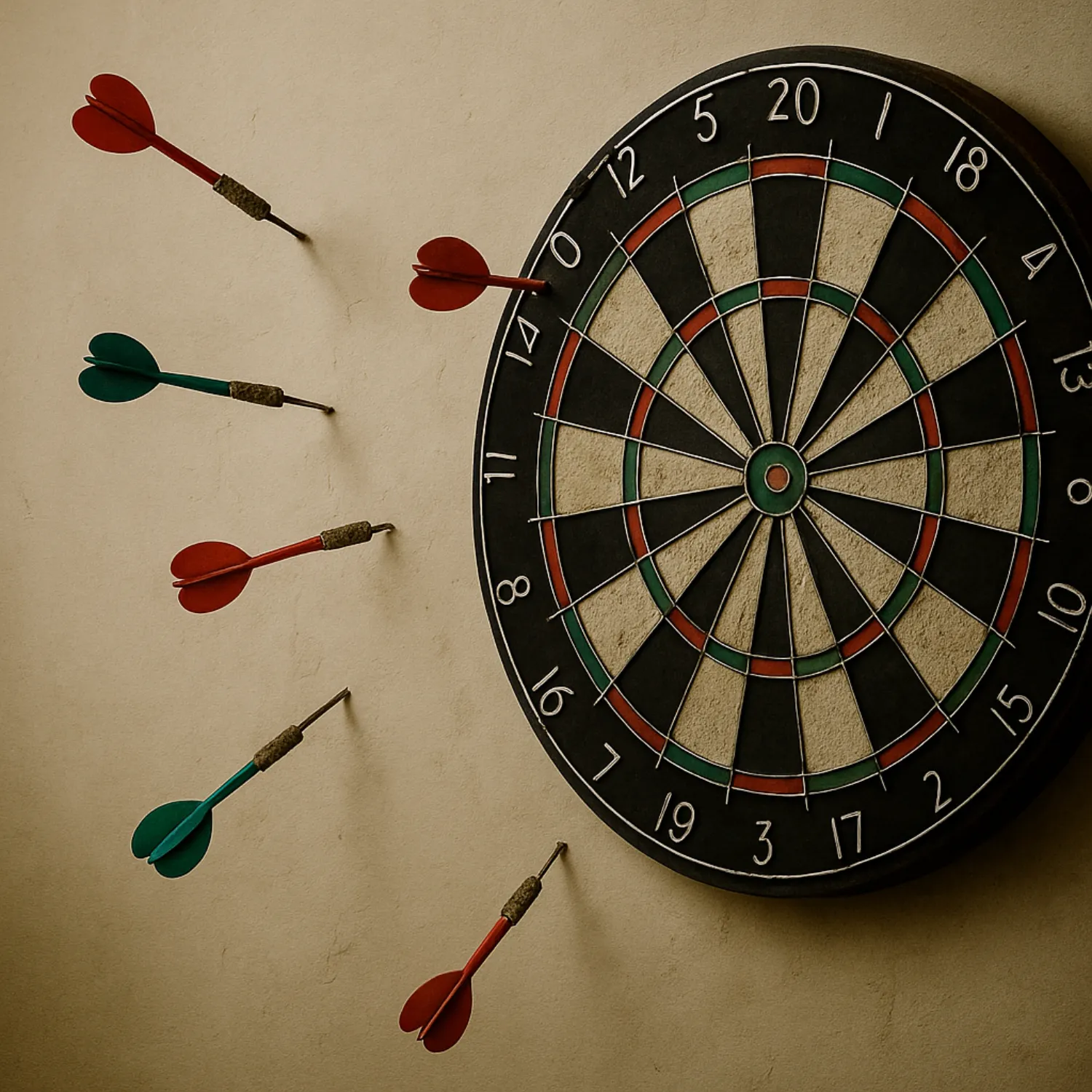 Darts scattered wide of a dartboard
