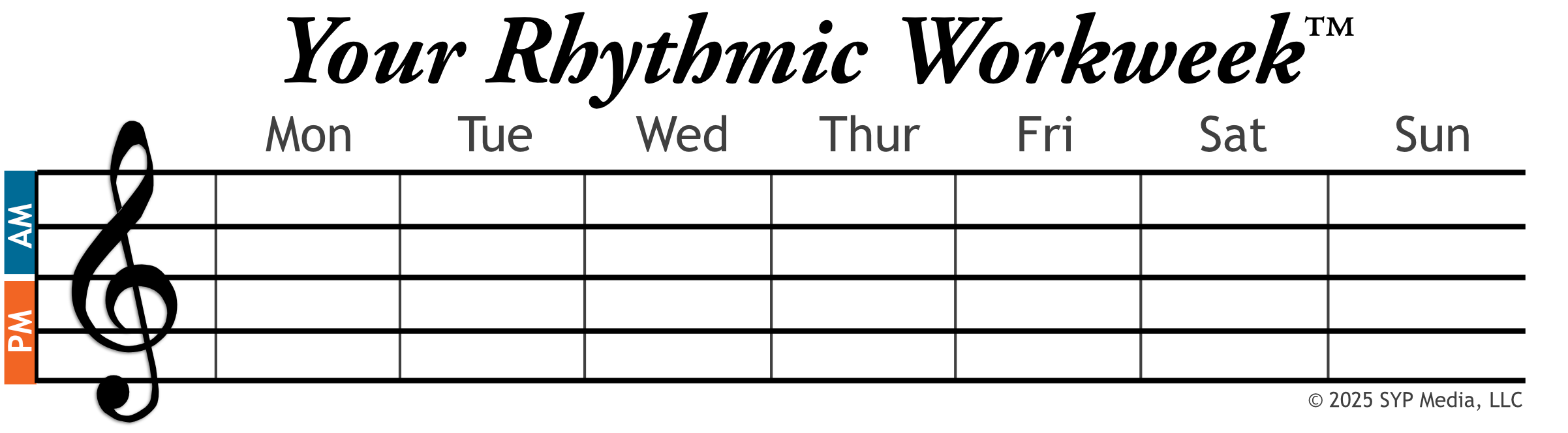 A blank weekly grid, Monday through Sunday with AM and PM rows, its vertical dividers resembling the barlines of a musical staff — a week waiting to be scored.