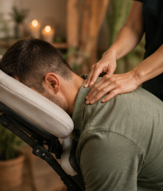 Chair massage worked through the shoulders while the client stays clothed