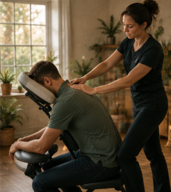 Seated chair massage through the neck and shoulders, fully clothed