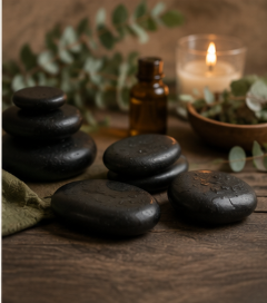 Warm stones, eucalyptus and oil laid out in the treatment room