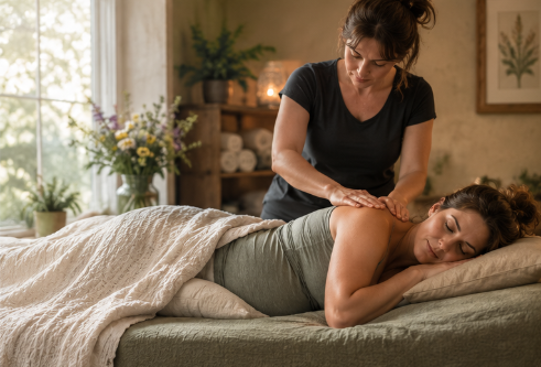 Pregnancy massage in a side-lying position with bolstered support, Alamo TN