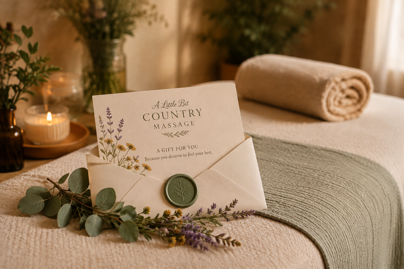 A Little Bit Country Massage gift certificate in a wax-sealed envelope