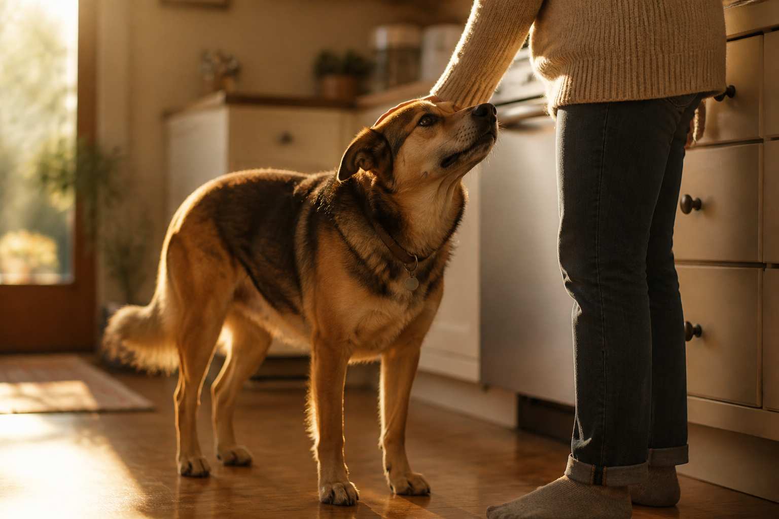 A calm dog greeting at home, four paws on the floor