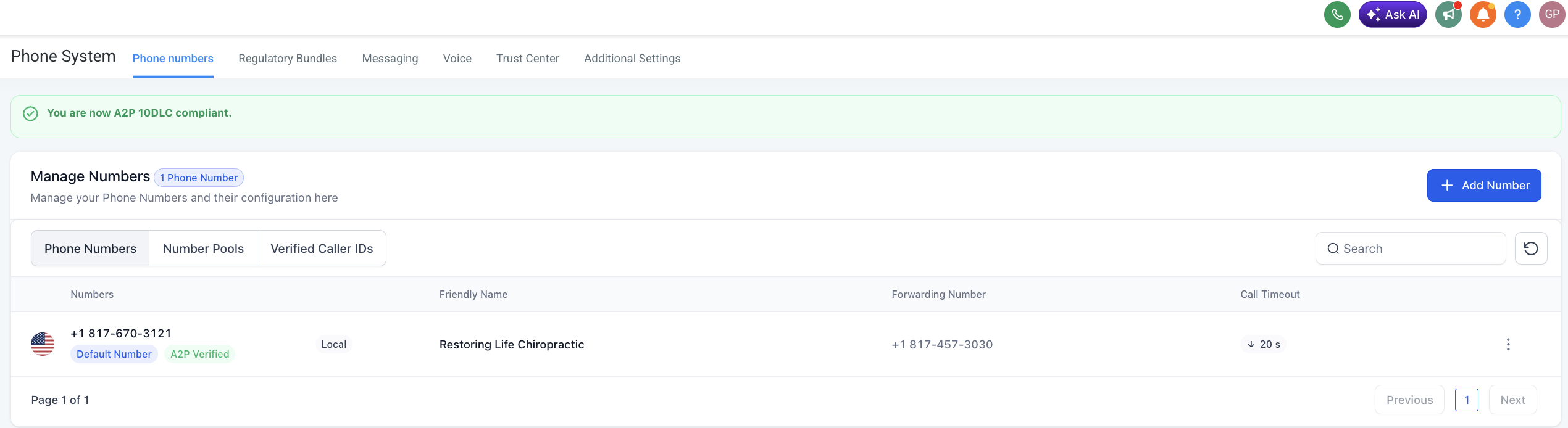 A2P verification screenshot