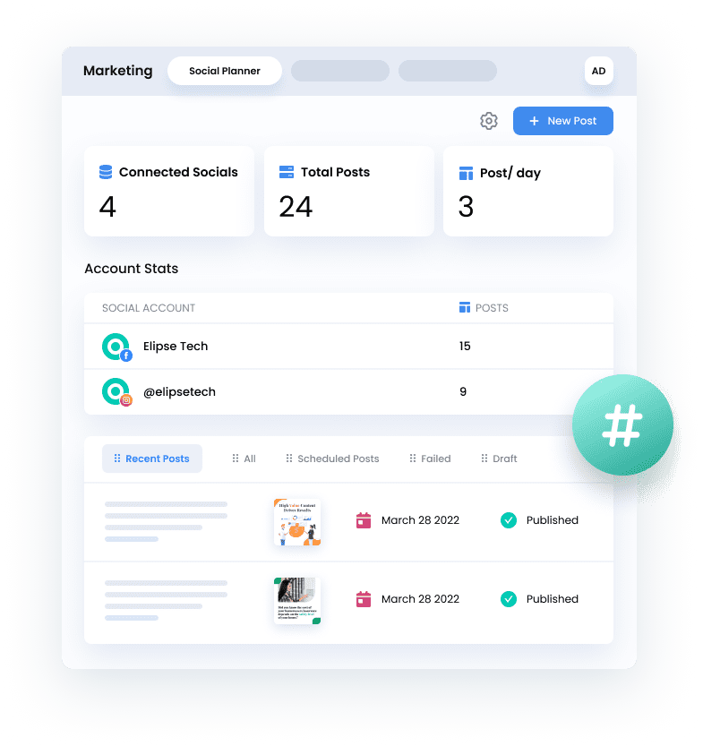 Smart Paws social media calendar showing scheduled posts for Facebook, Instagram, and Google My Business with content planning interface