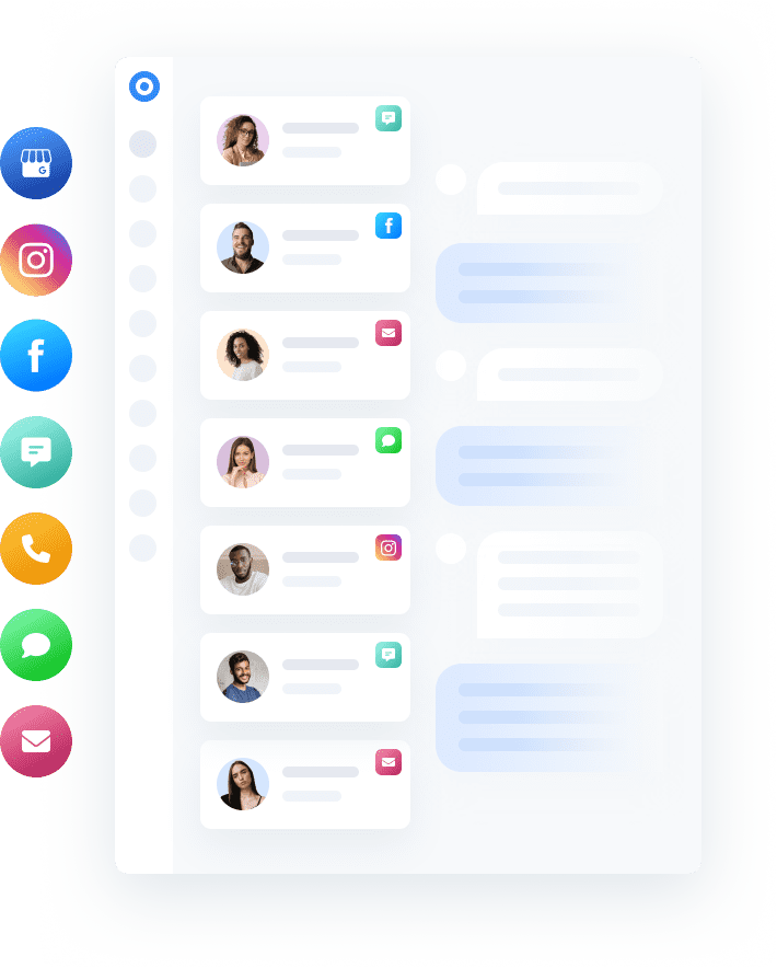 Unified inbox showing messages from Facebook, Instagram, Google, SMS, Phone, Email, and Webchat