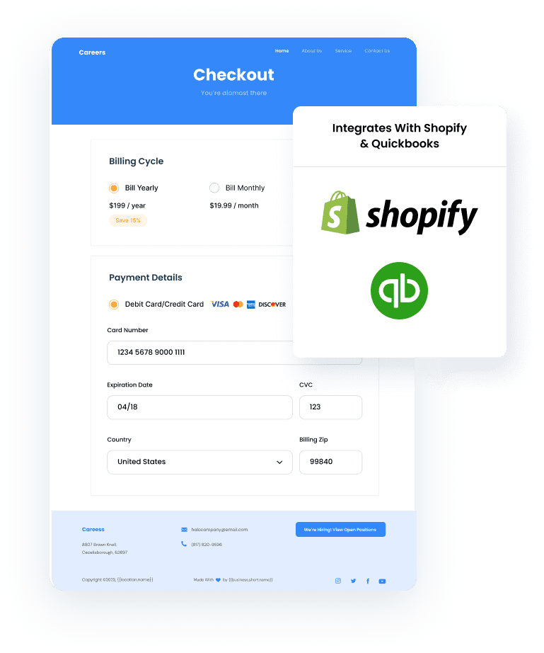 Smart Paws custom online store checkout interface with Shopify and QuickBooks integration, showing billing cycles, payment options, and seamless e-commerce for veterinary clinics