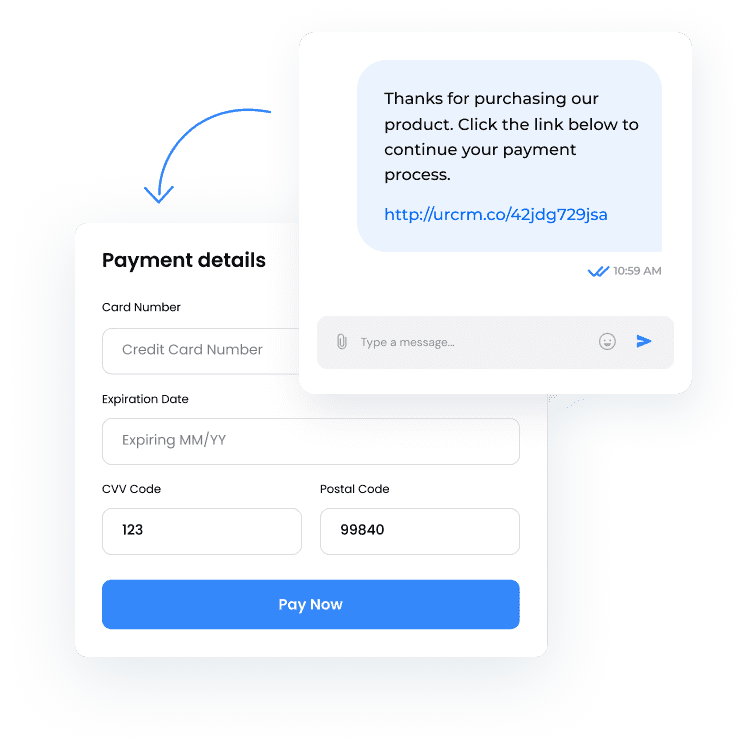 Smart Paws text-to-pay mobile interface showing instant payment link generation, secure payment processing, and real-time payment notifications for veterinary clinic front desk staff