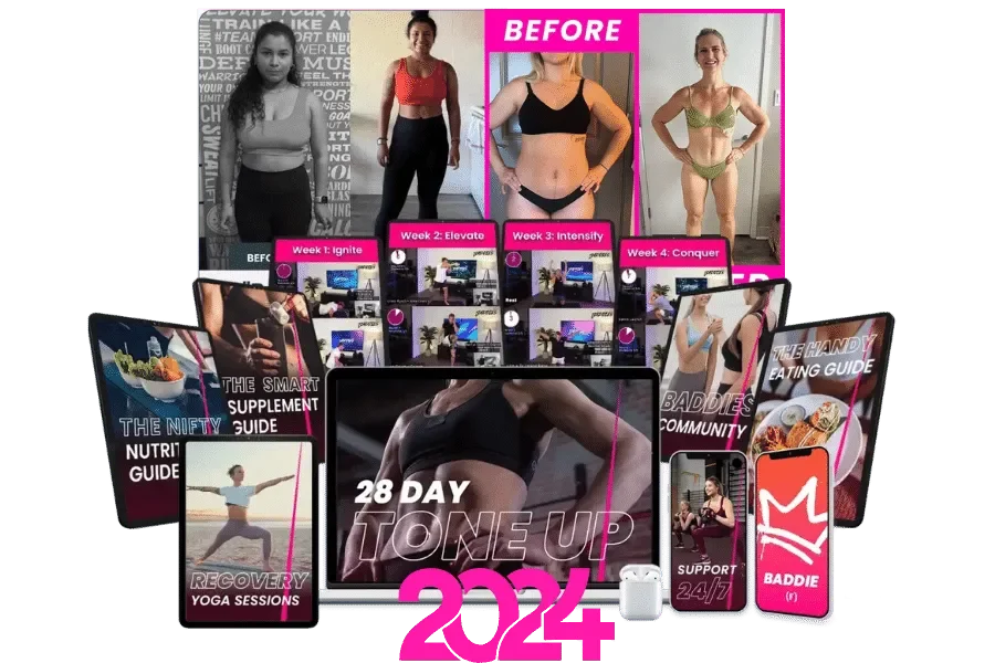 Mockup of Baddies - 28-Day Tone Up Transformation with a lot of products