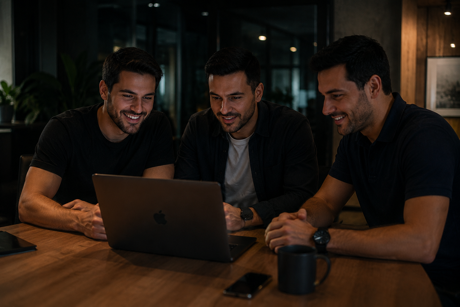 Líderes de una comunidad de trading revisando una estrategia en una computadora
