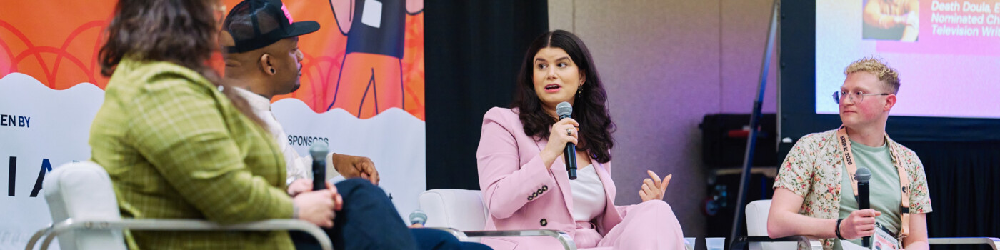 Rebecca Feinglos speaking on a panel.