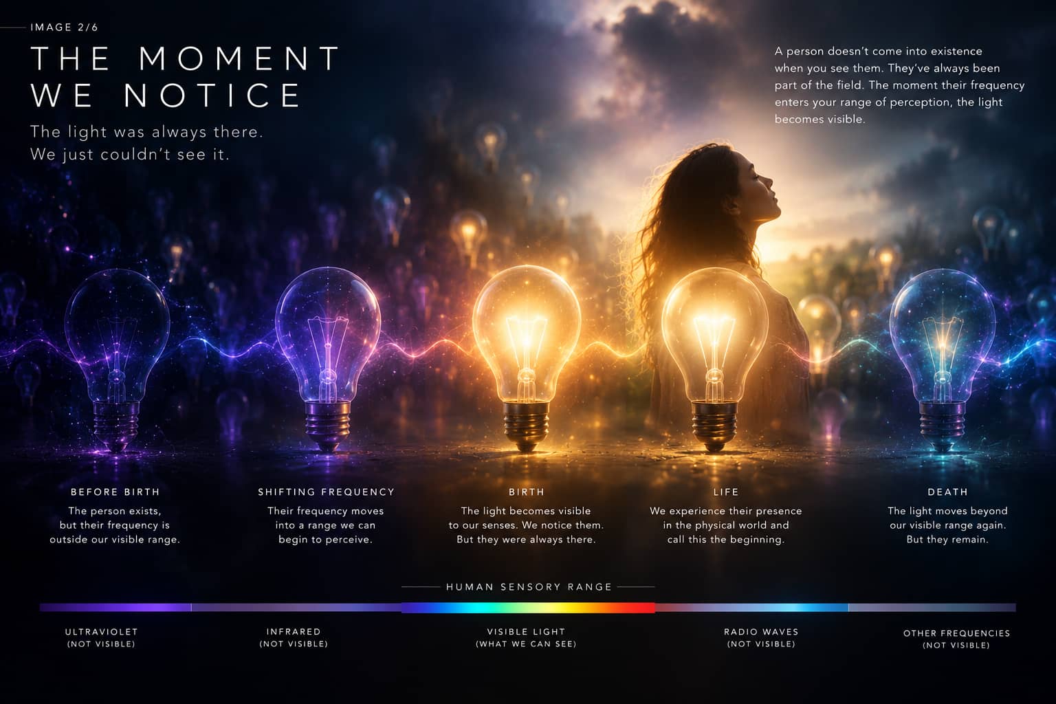 The Moment We Notice - light bulbs brightening as frequency enters human sensory range, representing birth The Moment We Notice - light bulbs brightening as frequency enters human sensory range, representing birth