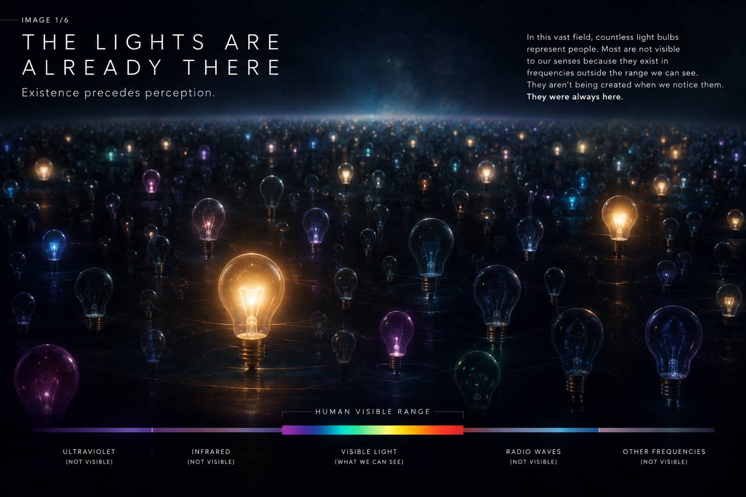 The Lights Are Already There - light bulbs representing people existing at frequencies beyond human visible range The Lights Are Already There - light bulbs representing people existing at frequencies beyond human visible range