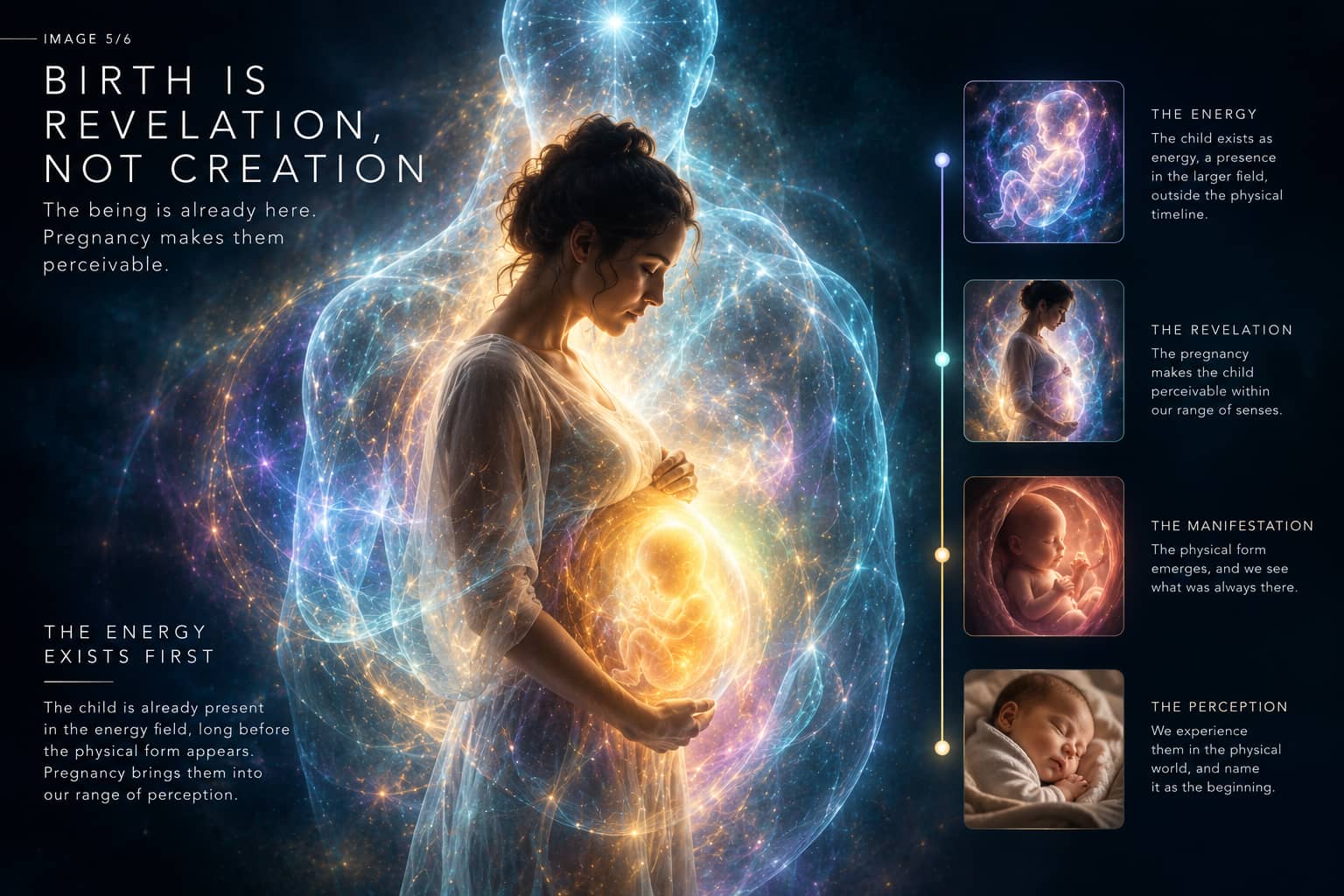 Birth Is Revelation Not Creation - pregnant woman surrounded by energy fields showing the child already present Birth Is Revelation Not Creation - pregnant woman surrounded by energy fields showing the child already present