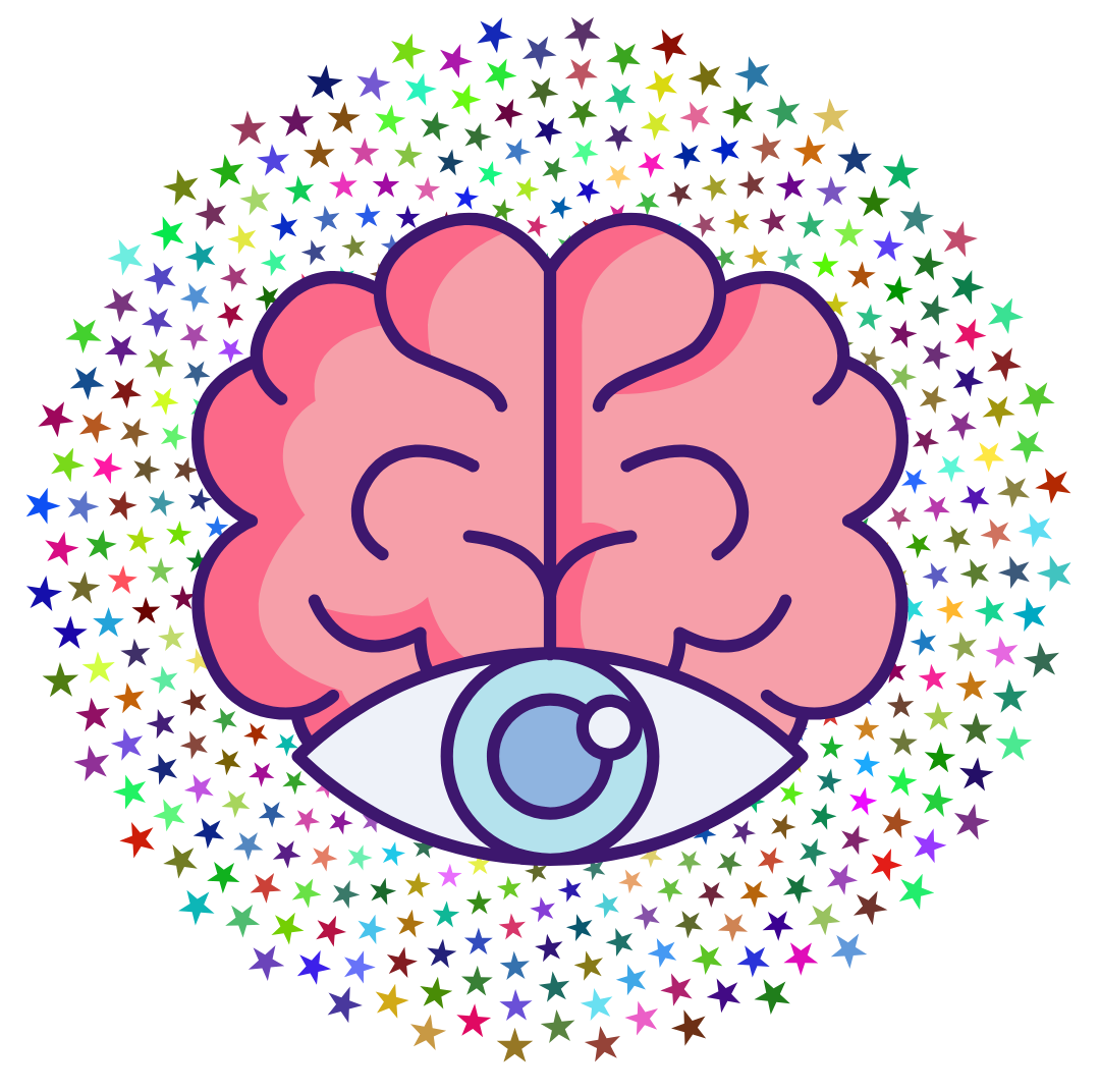 A brain with an eye in the center. I spiral of colorful stars extends in the background. A brain with an eye in the center. I spiral of colorful stars extends in the background.