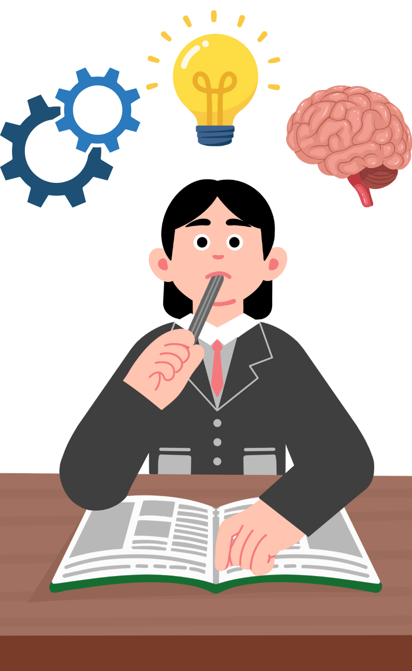 A person sitting at a desk thinking. Floating above her head is a brain, lightbulb, and set of gears