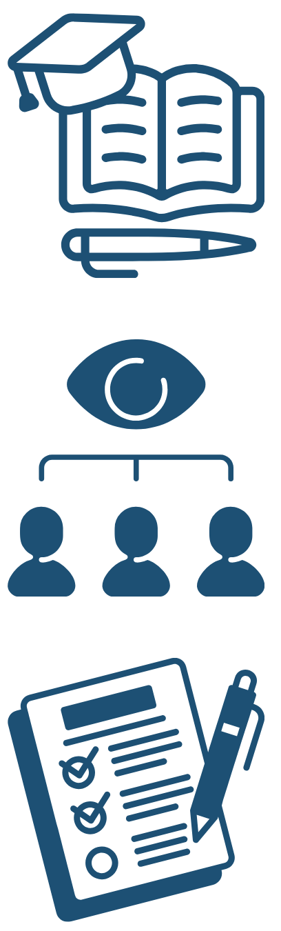 Steps to become a psychologist, Academic, supervision, and examination. A book, an eye watching people, and a test.