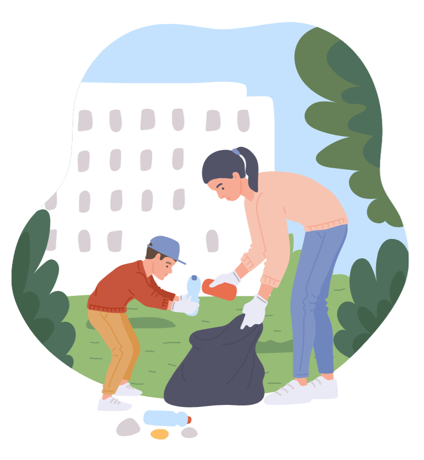 A woman and child picking up garbage outside. A woman and child picking up garbage outside.