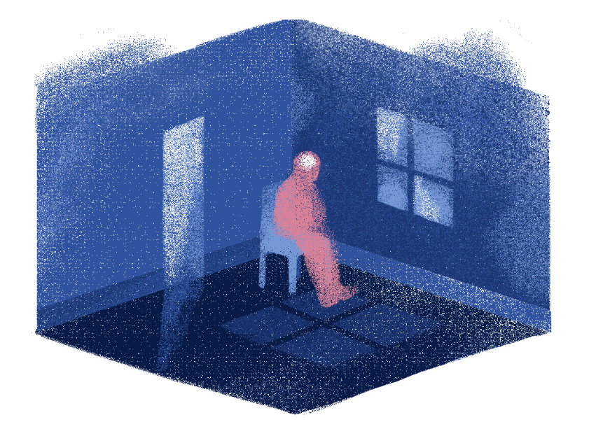 A person sitting in an empty room. The image is fuzzy and distorted.