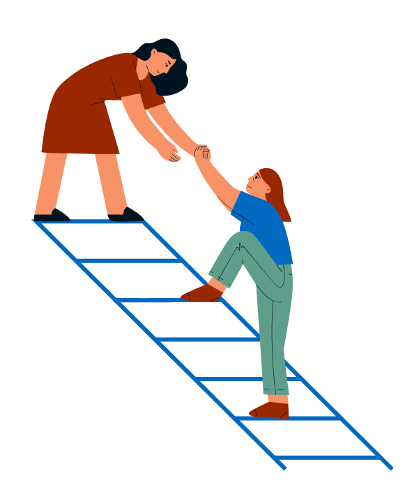 A woman helping another woman up a ladder.