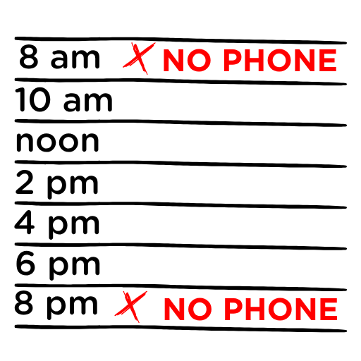 A daily planner with times from 8am to 8pm, going up by two hour intervals. 8am and 8pm have red notes beside saying no phone