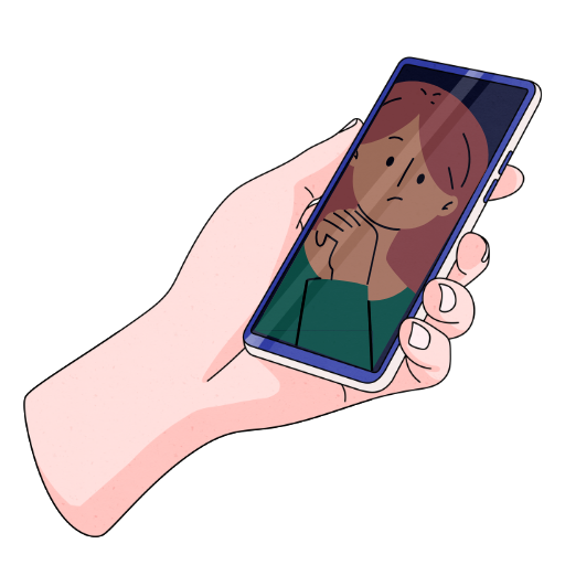 A phone in hand with a woman's reflection staring back. She seems deep in thought.