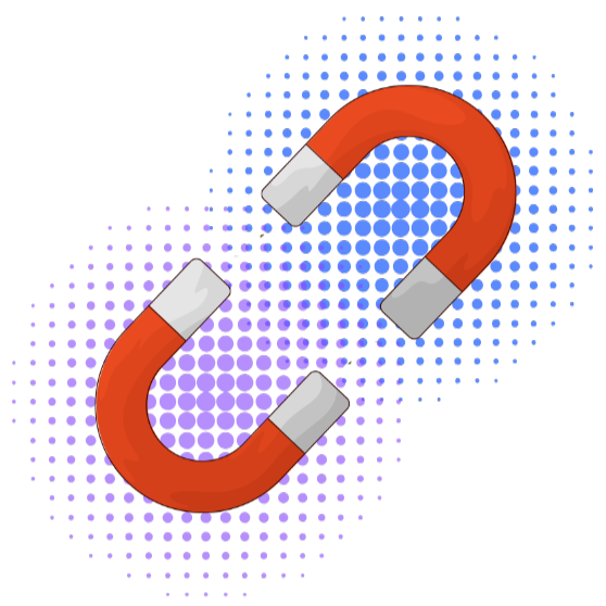 Two magnets face each other. Their fields are shown by dots in the background, one red, one blue. In the middle the fields overlap and look purple.