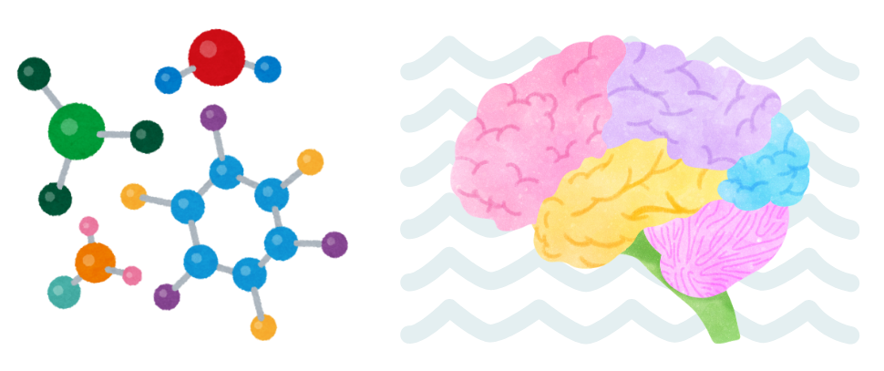 Chemistry versus brain activity. various molecules. A brain with waves behind it.