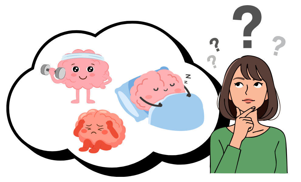 A woman thinking about rTMS, repetitive transcranial magnetic stimulation. Her brain is in various states. Exercising, scared, sleeping.