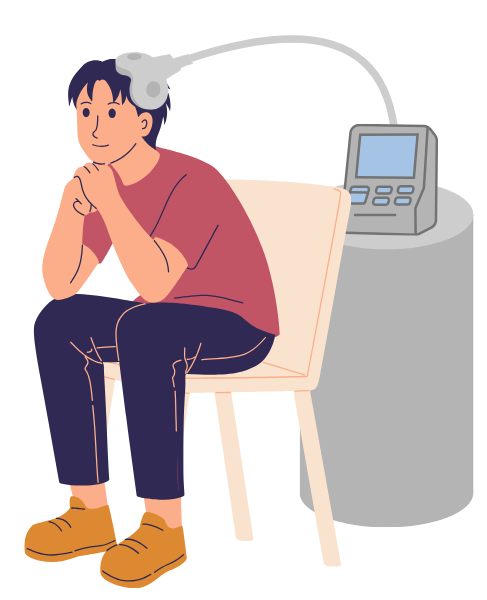 rTMS in action. Repetitive transcranial magnetic stimulation. A happy man sits comfortably and a machine behind him holds a medium sized round device over his head.