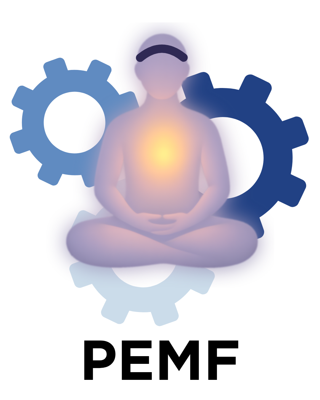 Three gears connect in the background. The aura of a calm cross-legged person glows in the front. The person has a headband on. PEMF. Bellabee.