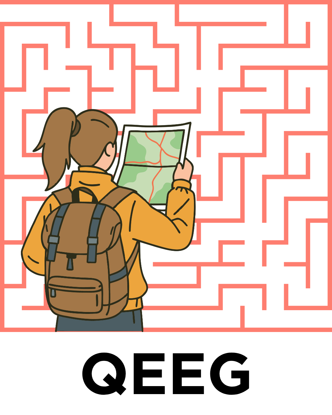 A woman navigating a maze with a map. The maze is brain colored. QEEG