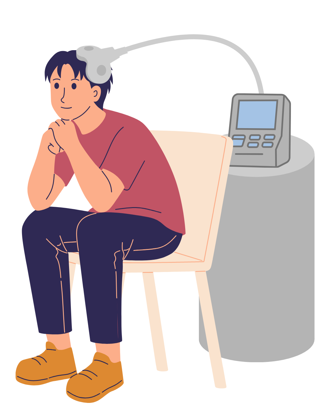 A man receiving RTMS treatment. A small machine is behind him holding a circular wand over his head.