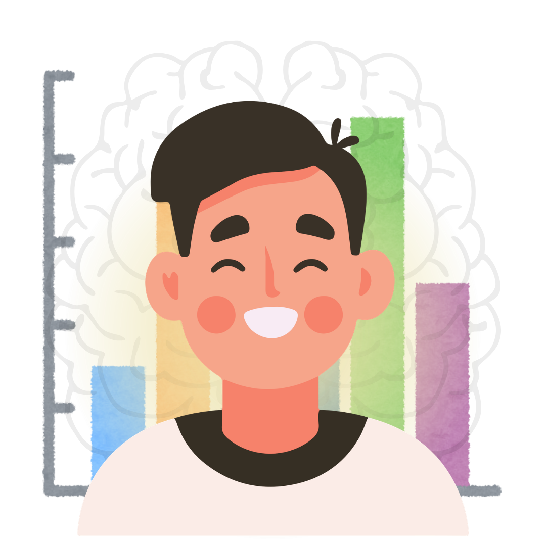  A smiling man. Behind him are graphs and images of his individualized brain. 