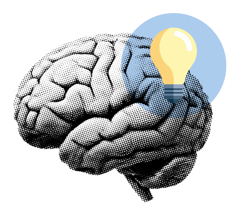 Understanding the brain. A grey pointillism brain with a yellow lightbulb.