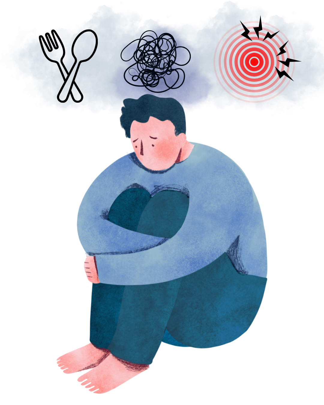 rTMS effective for binge eating, depression, chronic pain. A sad person sitting hugging their knees. Above their head floats a knife and fork, a large squiggle, a bullet point with lighning bolts. 
