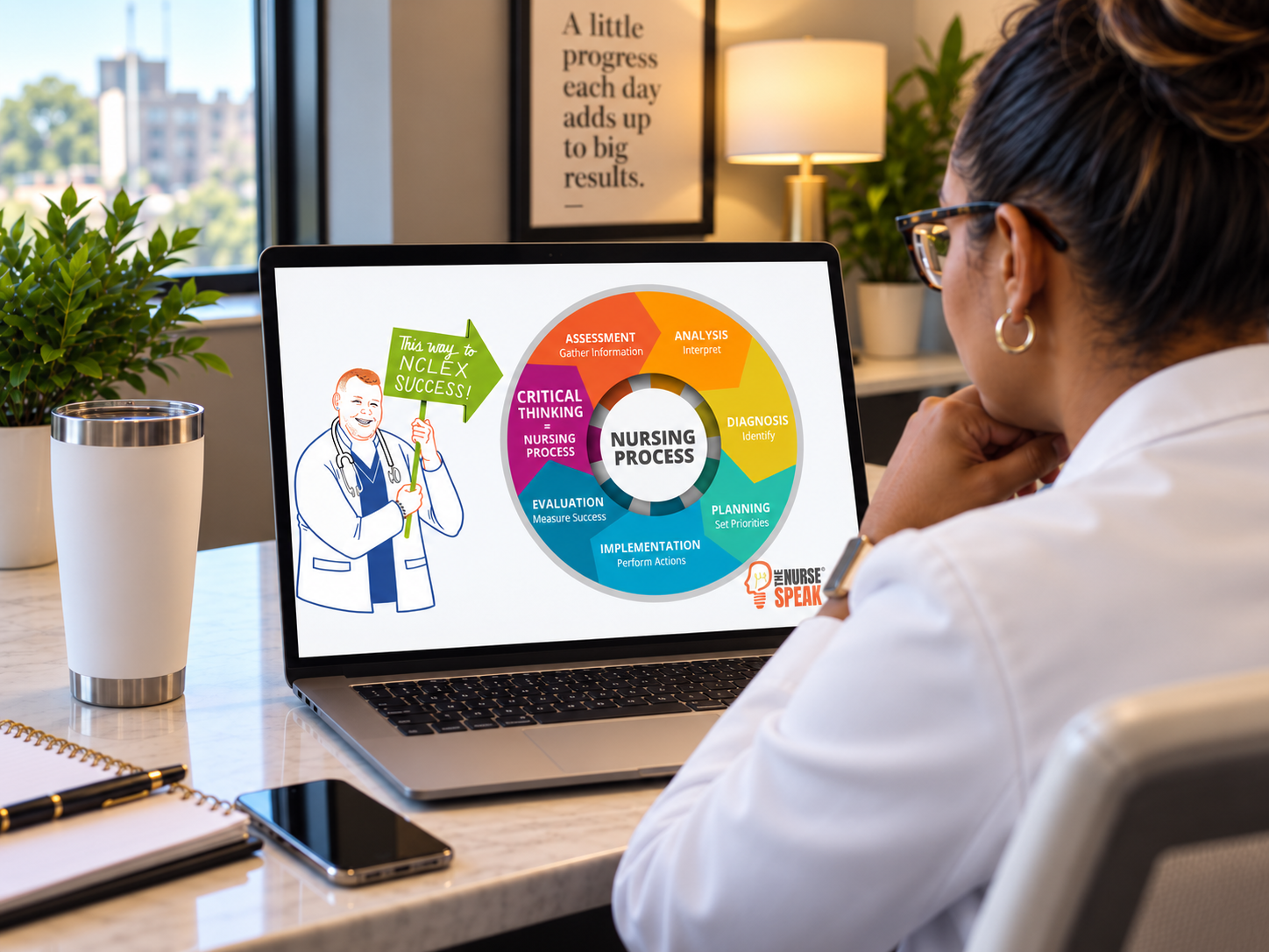 A nurse studying the nursing process framework — assessment, analysis, diagnosis, planning, implementation, evaluation — on her laptop