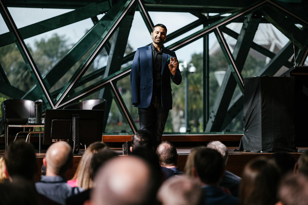 Sam Cawthorn delivering a keynote at Federation Square
