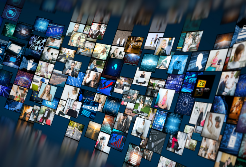 Digital media distribution network displaying multiple online content formats including videos, news articles, social media posts, blogs, podcasts, and business media across interconnected screens, representing content amplification, omnichannel marketing, online visibility, brand exposure, SEO growth, and multi-platform traffic generation.