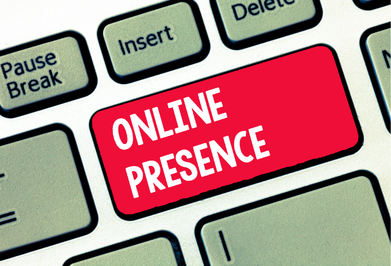 Close-up of computer keyboard with “Online Presence” highlighted, representing digital marketing, business visibility, brand awareness, SEO strategy, online reputation management, website traffic growth, and building a strong internet presence for local businesses.