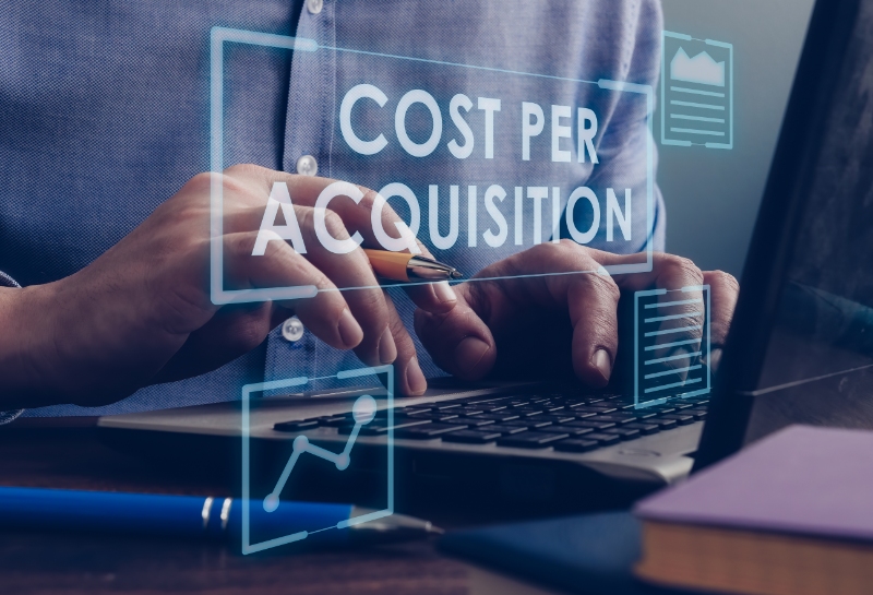 Business owner analyzing cost per acquisition (CPA) metrics to improve lead response time and marketing ROI.