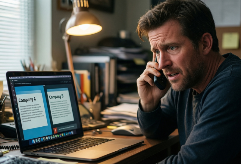 Customer calling a business while comparing service providers online.