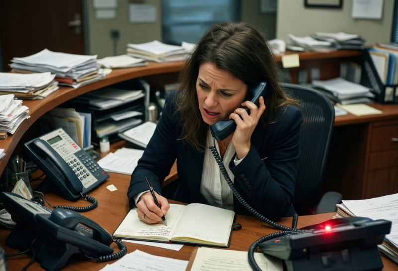 Overwhelmed receptionist answering phone calls and taking notes while managing multiple customer inquiries