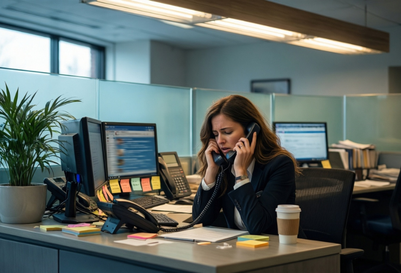 Small business office worker handling multiple customer calls and lead inquiries Small business office worker handling multiple customer calls and lead inquiries