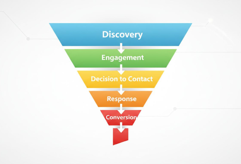 Lead conversion funnel illustrating discovery, engagement, decision to contact, response time, and final customer conversion process for small businesses.