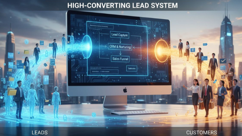 High-converting lead system visual showing digital leads entering a computer through a CRM and sales funnel process, then transforming into paying customers, illustrating structured lead nurturing and conversion optimization.