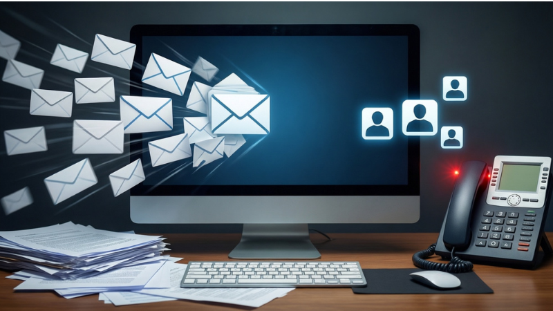 Multiple email inquiries flowing into a computer while a phone rings and customer icons appear, illustrating incoming leads from multiple channels and the need for fast lead response.